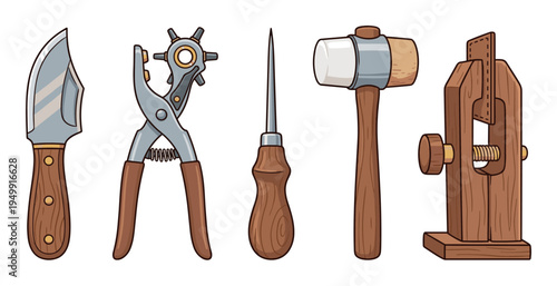 Set of five leatherworking tools including a knife, rotary hole punch, awl, mallet, and stitching pony, neatly arranged in a row in a clean, cartoon-style vector illustration