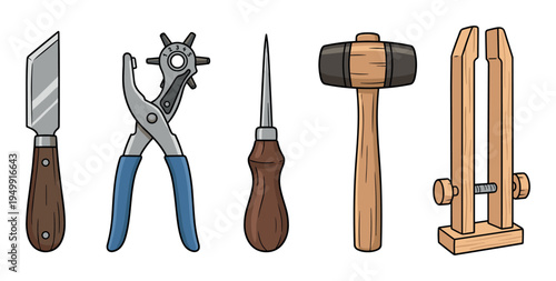 Set of cartoon leatherworking tools including a knife, hole punch, awl, mallet, and stitching pony for crafting and handmade projects, shown in a detailed vector illustration style