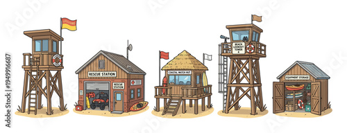 Collection of beach rescue station buildings illustrated in a detailed comic style, including a lifeguard tower, lookout post, storage shed, and coastal watch hut with safety equipment