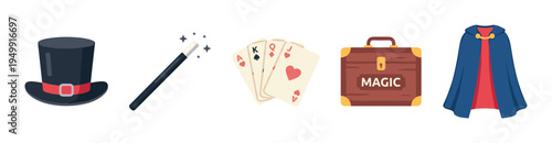 Set of classic magician equipment and props featuring a black top hat, a sparkling wand, playing cards, a magic trunk, and a blue cape in a simple flat illustration style