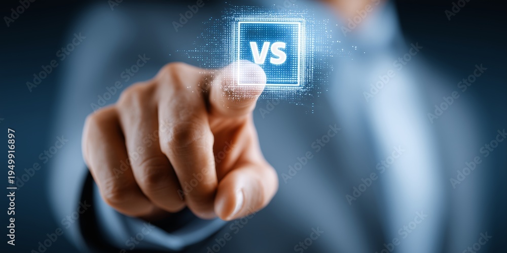 Fototapeta premium Versus Concept with a Businessman Pointing at a Glowing Digital Vs Icon Symbolizing Competition Choice and Business Challenge