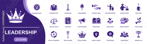Leadership icon set. Containing business suit, helping hand, people group, justice scale, royal crown, winner cup, shield guard, peace deal and more. Solid vector icons collection.
