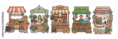 Collection of five illustrated farmers market stalls selling fresh fruit, flowers, baked goods, organic vegetables, and handmade crafts with friendly vendors at each stand