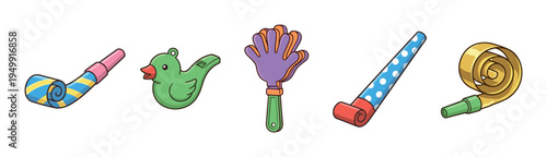 Collection of colorful cartoon party favors and noisemakers with blowers, a bird whistle, and a hand clapper arranged for a festive birthday event
