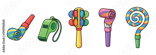 Colorful cartoon party noisemakers and favors set including a whistle, rattle, and blowers for a fun celebration or birthday event