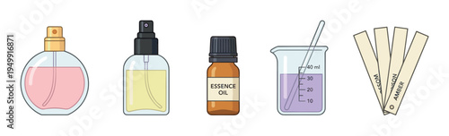 Perfumery creation set with various glass bottles, essential oil, a laboratory beaker for mixing, and scent blotters for testing, shown in a flat illustration style