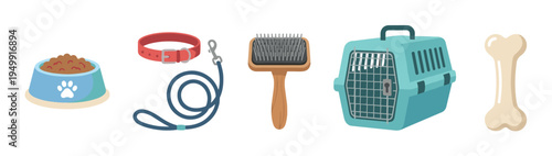 Set of various pet supplies and accessories including a food bowl, collar, leash, grooming brush, travel carrier, and bone toy in a colorful flat cartoon illustration style