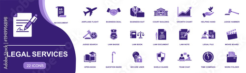 Legal services icon set. Containing court building, judge hammer, law book, law document, legal file, shield guard, secure user, team chat and more. Solid fill vector icons collection.