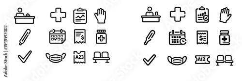 A collection of black and white line icons representing various