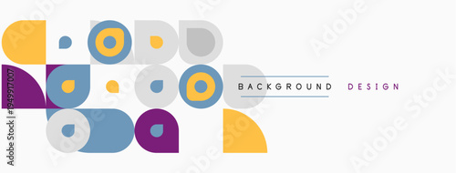 Abstract geometric shapes, circles, squares, triangles. Minimalist design with muted colors, simple composition. Background features text elements.