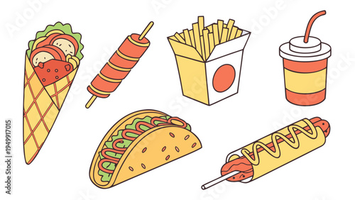 Street Food Collection Isolated on White Background Flat Vector Illustration