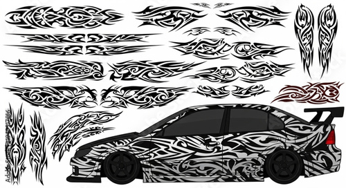 Car with Tribal Decals and Graphic Design Elements.
