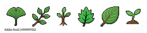 Set of six green pixel art plant icons showing different leaves, a branch, and a sprout in a retro 8-bit video game style for nature or ecology themes