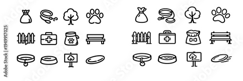 A set of minimalist line icons for dog parks and pet care, featuring