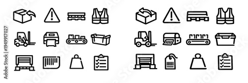A comprehensive set of warehouse and logistics line icons featuring