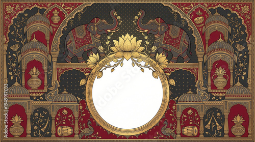 Royal Indian Wedding Invitation Background with Elephants and Lotus