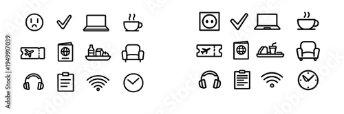This set of minimalist black line icons features travel and business
