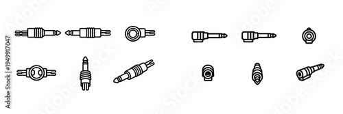 This set of black and white line icons features various views of