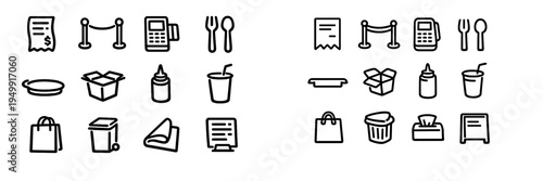A collection of minimalist black line icons for food service and