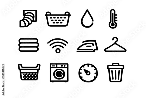 A collection of twelve minimalist black line icons representing
