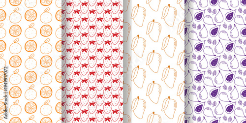 Seamless patterns with strawberries, mangoes, lychees and figs. Hand drawn colored silhouettes of fruits and berries on white background. Healthy organic food prints, vector graphics