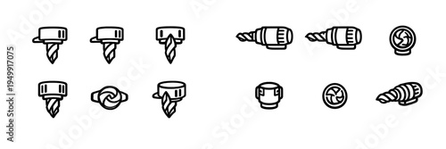 A collection of black and white line art icons depicting various