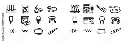 A collection of black and white line icons representing various