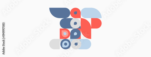 Abstract geometric shapes overlap, creating colorful composition. Circles, rectangles, soft hues dominate design. Minimalist aesthetic.