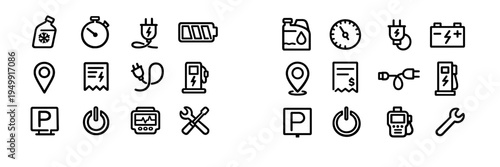 A collection of minimalist black and white line icons for automotive