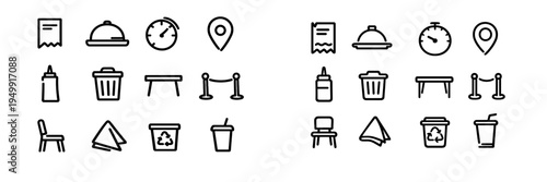 A collection of minimalist black line icons for food service and