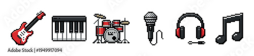 Pixel art set of musical instruments and equipment including a guitar, keyboard, drums, microphone, headphones, and note in a retro 8-bit video game style illustration