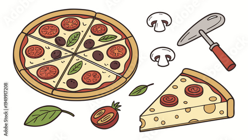 Pizza Ingredients and Slices Pack Isolated on White Background Flat Vector