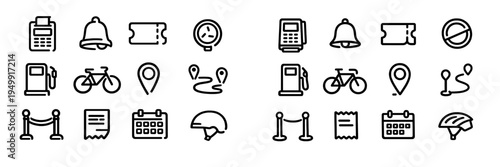 A collection of minimalist black line icons featuring travel