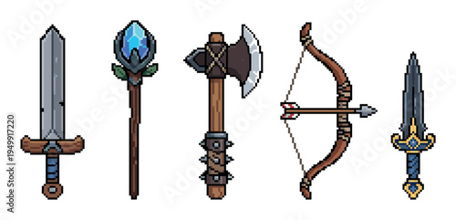Set of five fantasy pixel art weapons including a sword, magic staff, axe, bow, and dagger in a classic 8-bit retro video game style for RPG asset creation