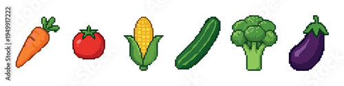 Pixel art vegetable icon set with carrot, tomato, corn, cucumber, broccoli, and eggplant in a retro 8-bit video game style illustration for healthy eating concepts