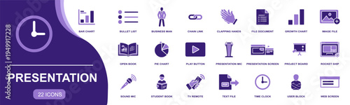 Presentation icon set. Containing bar chart, bullet list, pie chart, play button, presentation screen, mic, TV remote, web screen, project board and more. Solid vector icons collection.