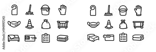 A collection of minimalist black line icons representing hotel