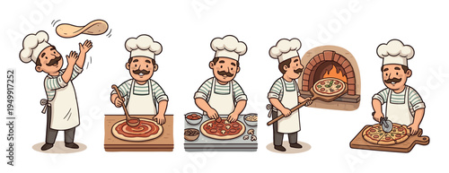 Cartoon pizzaiolo character showing the process of making pizza, including tossing dough, adding toppings, baking in a brick oven, and slicing the finished meal