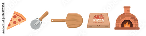 Pizza making and delivery icon set with a pepperoni slice, cutter, wooden peel, cardboard box, and a traditional brick oven with fire, presented in a simple flat design style