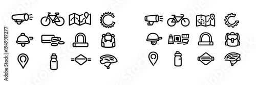 A collection of hand-drawn minimalist line icons related to cycling
