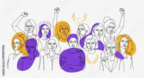 Diverse group of women standing together with raised fists.