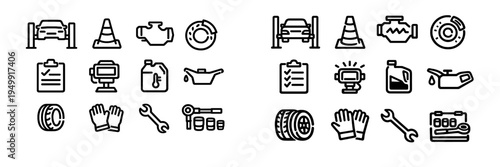 A set of black and white line icons representing automotive repair