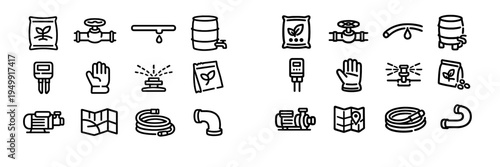 A set of black and white line icons representing irrigation