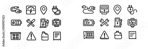 A set of minimalist black line icons representing electric vehicle