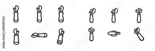 A set of minimalist line art icons depicting manual can openers in