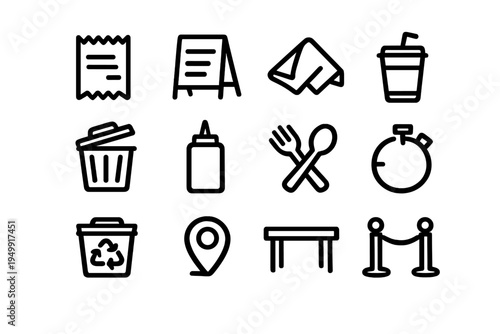 Set of twelve minimalist black line icons representing restaurant and