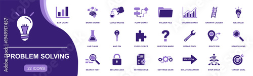Problem Solving icon set. Containing flow chart, idea bulb, puzzle piece, search lens, secure lock, settings gear, solution arrow, target goal and more. Solid vector icons collection.