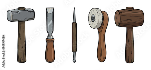 Hand-drawn set of vintage workshop tools featuring a sledgehammer, chisel, awl, buffing brush, and wooden mallet in a classic cartoon illustration style for craftsmanship themes