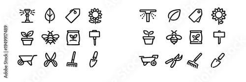 A collection of black and white line art icons representing gardening