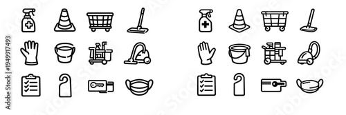 A collection of black and white line icons representing cleaning and